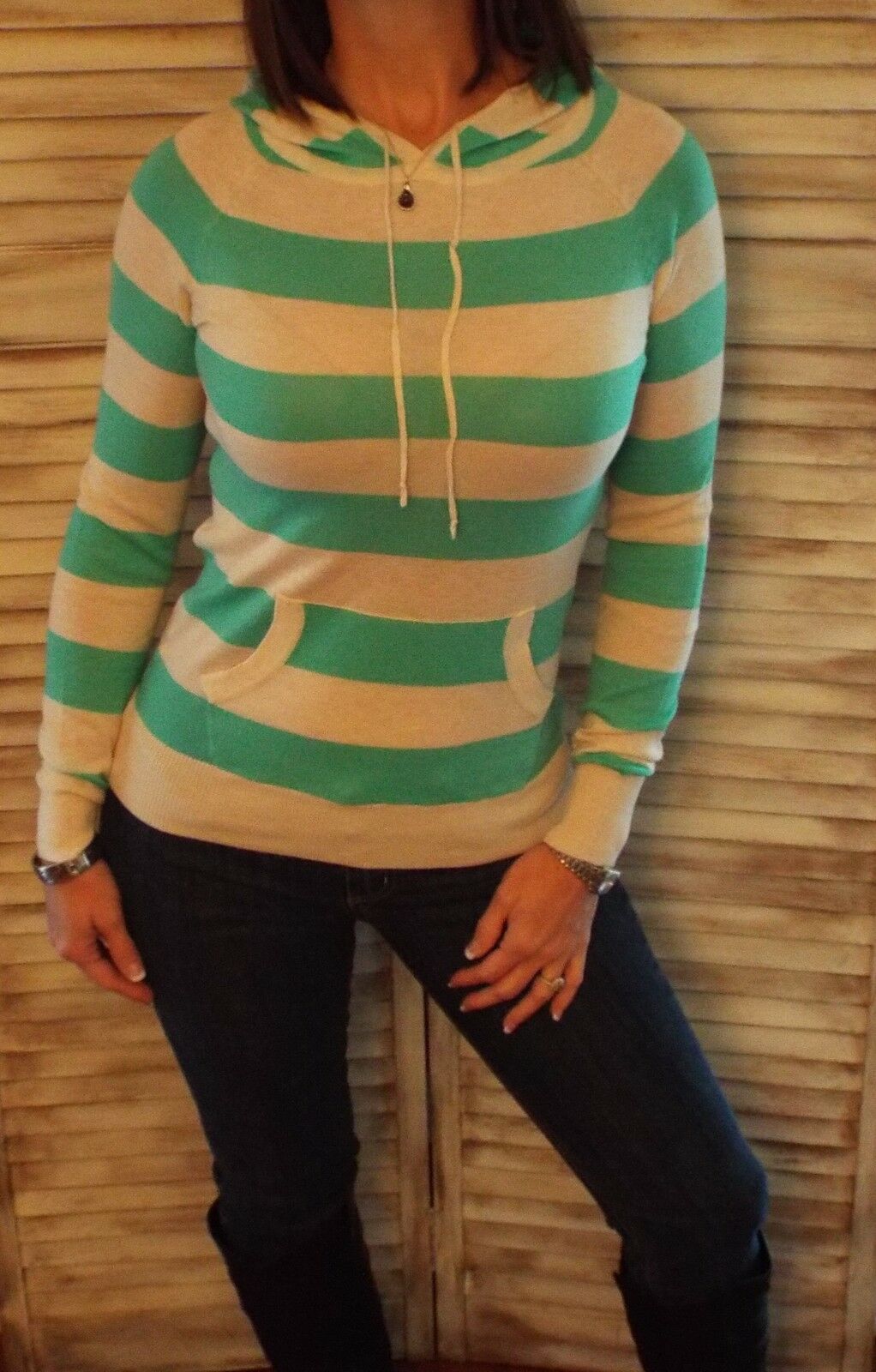 Striped Hoodie Light Sweater Kangaroo Pocket Drawstring Long Sleeve Mint