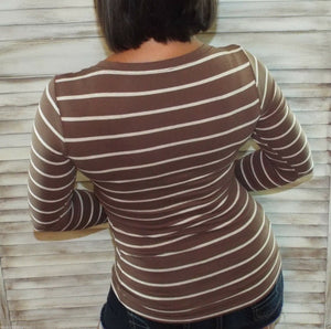 "Follow Me" Nautical Striped Preppy Stretch V-Neck Low Cut L/S Shirt Cocoa Cream S/M/L