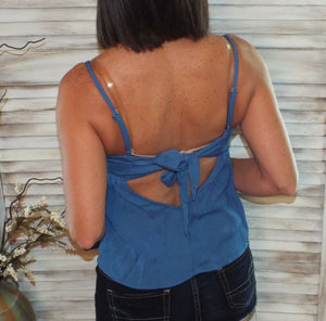 Very Sexy Peplum V Neck Tie Back Ruched Babydoll Spaghetti Strap Top Blue