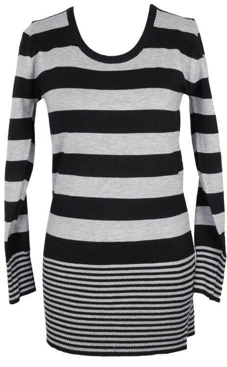 Scoop Neck Sweater Striped Long Sleeve Preppy Tunic Blouse Shirt Gray