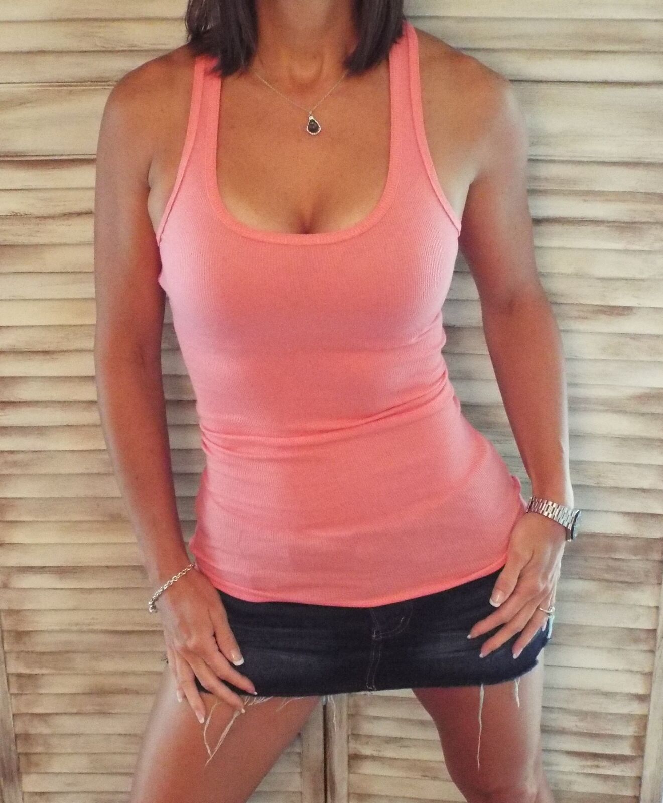 "Can't Touch This" Ribbed Racerback Low Scoop Boy Beater Cleavage Tank Top Coral 1X/2X/3X