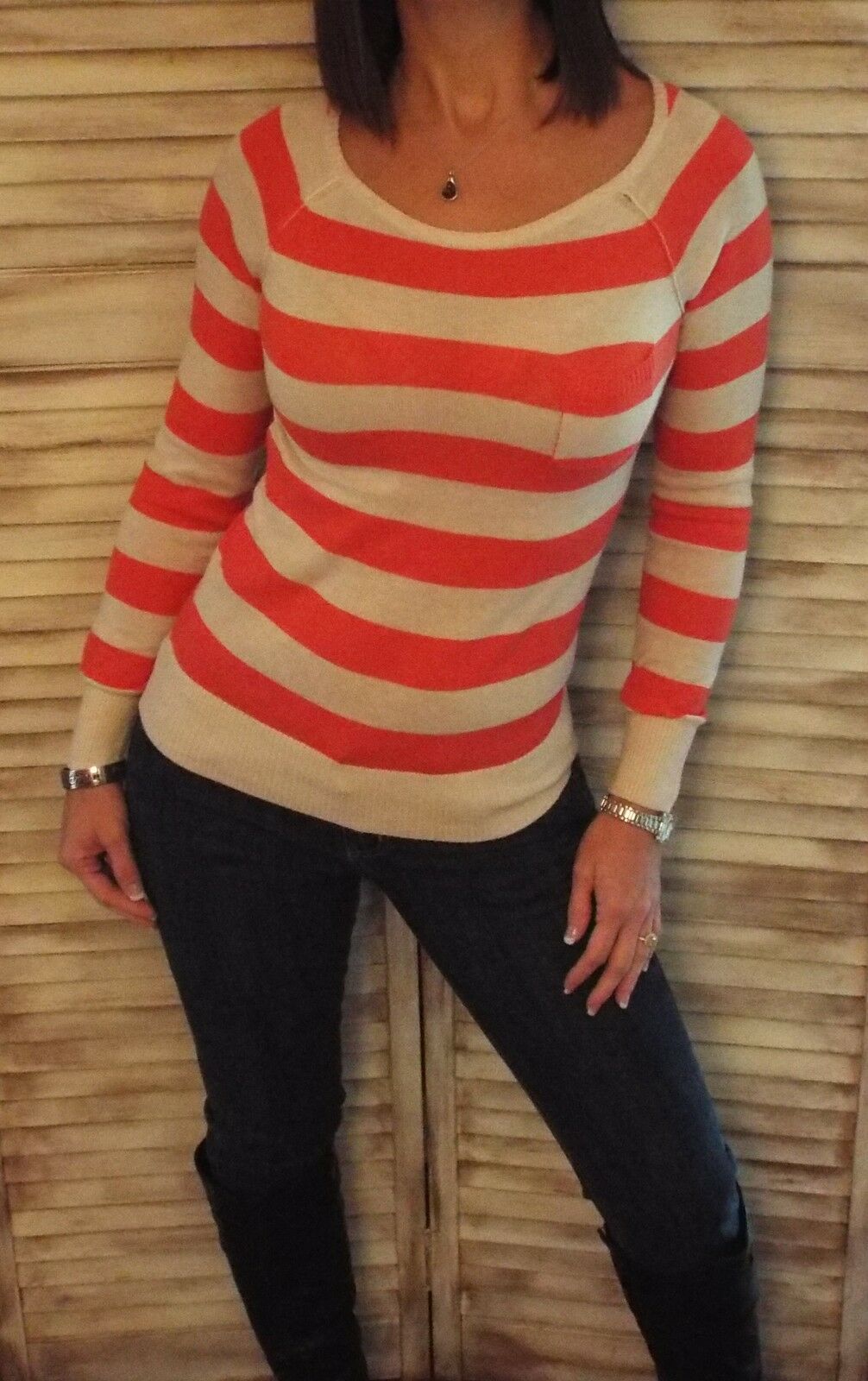 Very Sexy Striped Light Sweater Boat Neck Pocket Long Sleeve Coral S/M/L