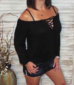 Very Sexy V-Neck Cold Shoulder Cutout Lace Up Floaty Top Black S/M/L