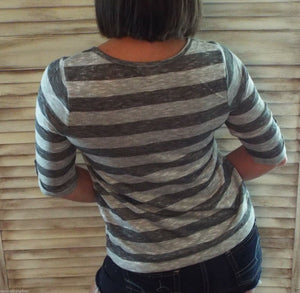 Nautical Stripe Faux Button Cardigan Tissue Sweater Stretch Gray S/M/L