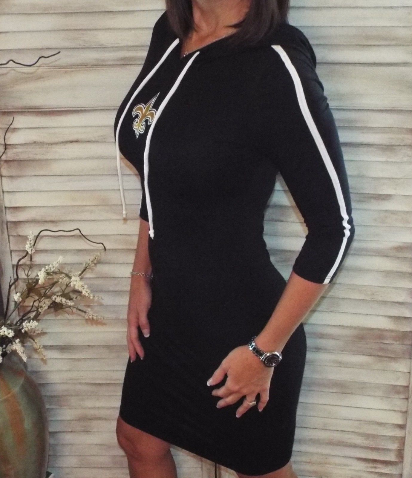 New Orleans Saints Fleur de Lis Hoodie Bodycon Stretch 3/4 Dress Black S/M/L