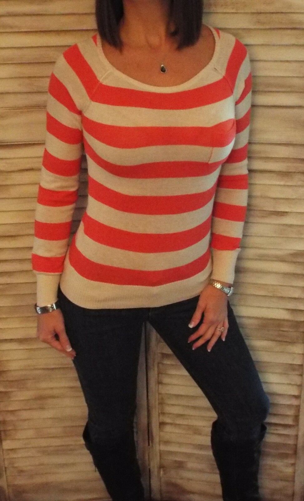 Very Sexy Striped Lightweight Sweater Boat Neck Pocket Long Sleeve Coral