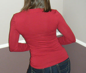 “Easygoing” Slimming Scoop Neck Low Cut L/S Tissue Basic Baby Shirt Top Maroon S/M/L
