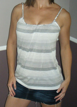 Striped Low Cut Scoop Neck Spaghetti Strap Tissue Tank Shirt Top Gray S/M/L
