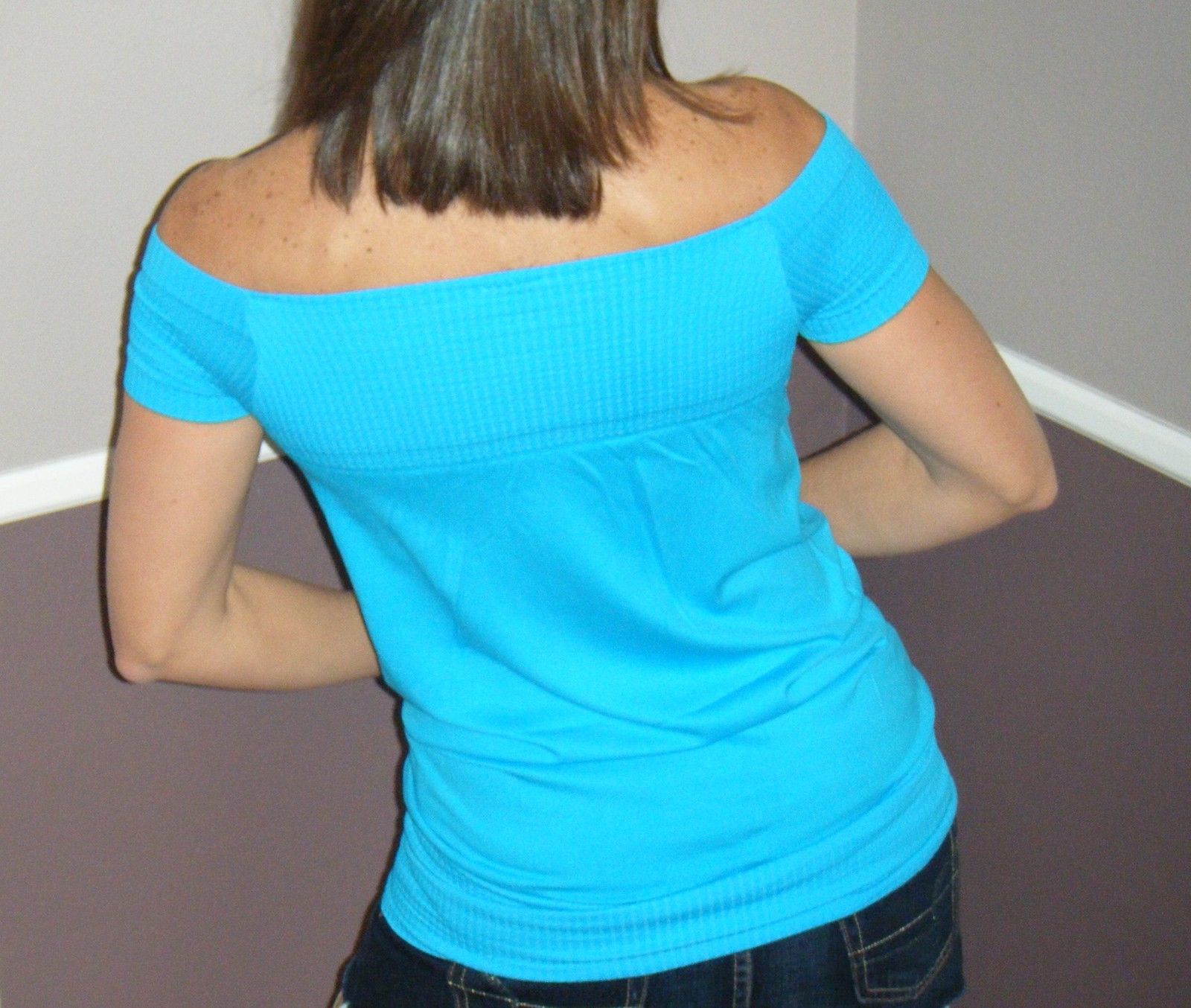 Very Sexy Low Cut Cleavage Off Shoulder Seamless Club Blouse Shirt Top Teal OS