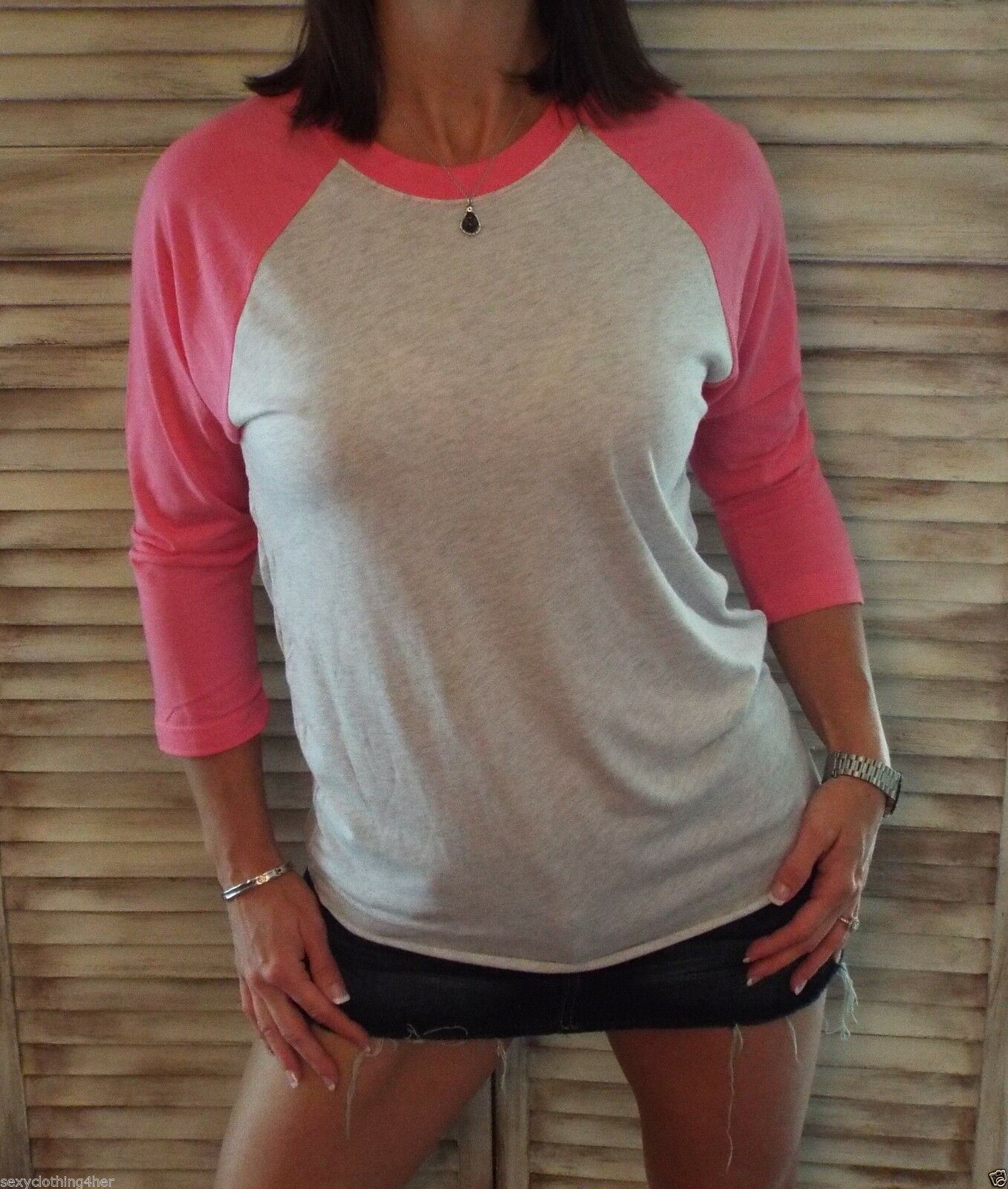 Sporty Crew Neck Athletic Baseball Raglan Jersey Stretch Shirt Pink XS/S/M/L