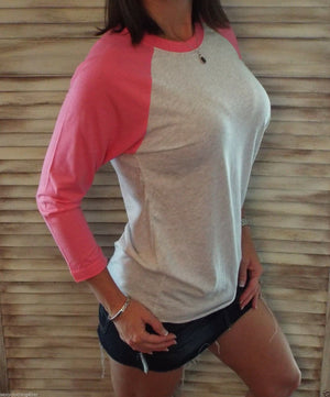 Sporty Crew Neck Athletic Baseball Raglan Jersey Stretch Shirt Pink XS/S/M/L