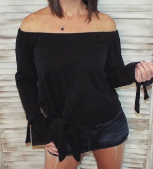 Very Sexy Off Shoulder Tie Front French Terry Blouse Shirt Top Black S/M/L