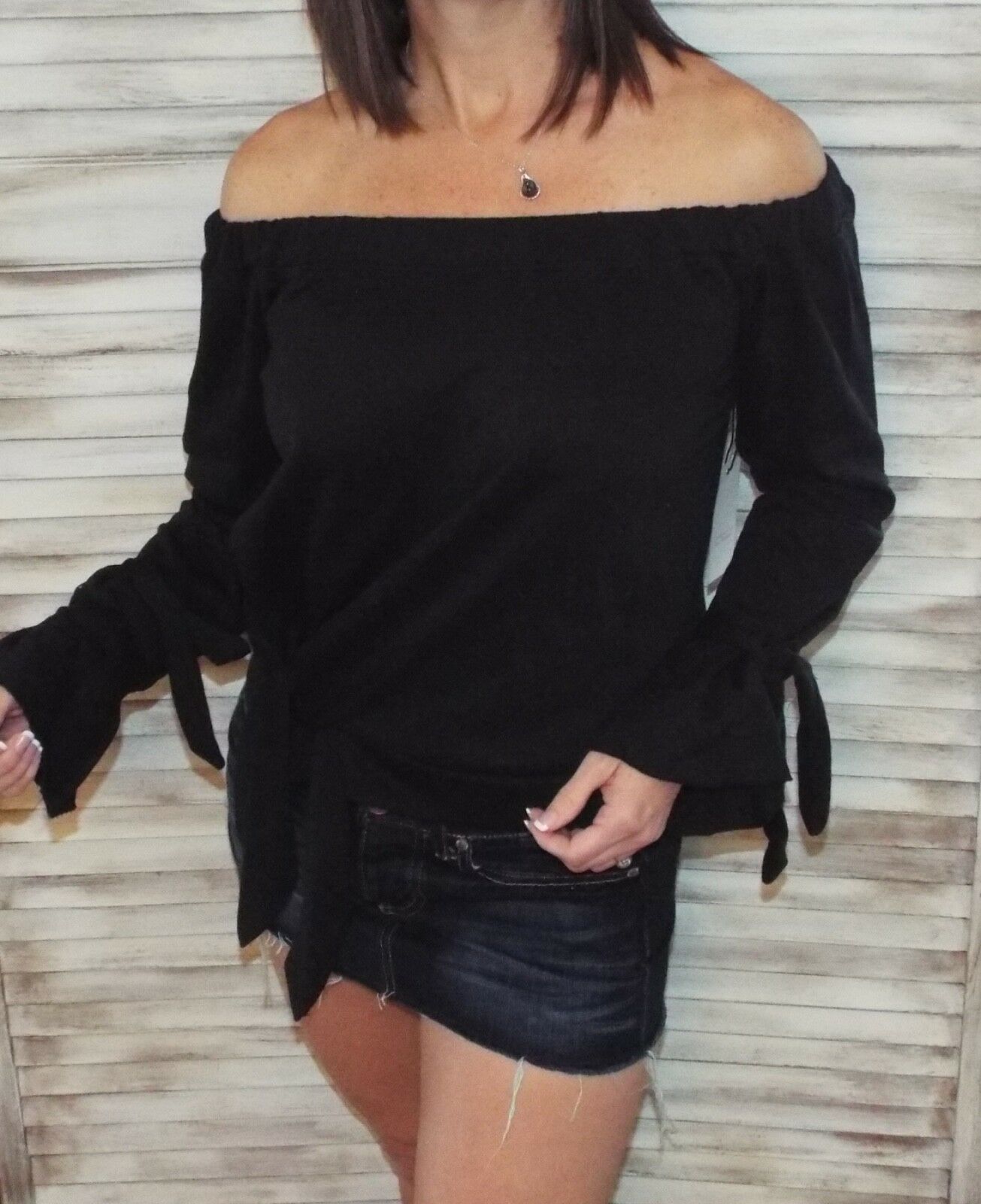Very Sexy Off Shoulder Tie Front French Terry Blouse Shirt Top Black S/M/L