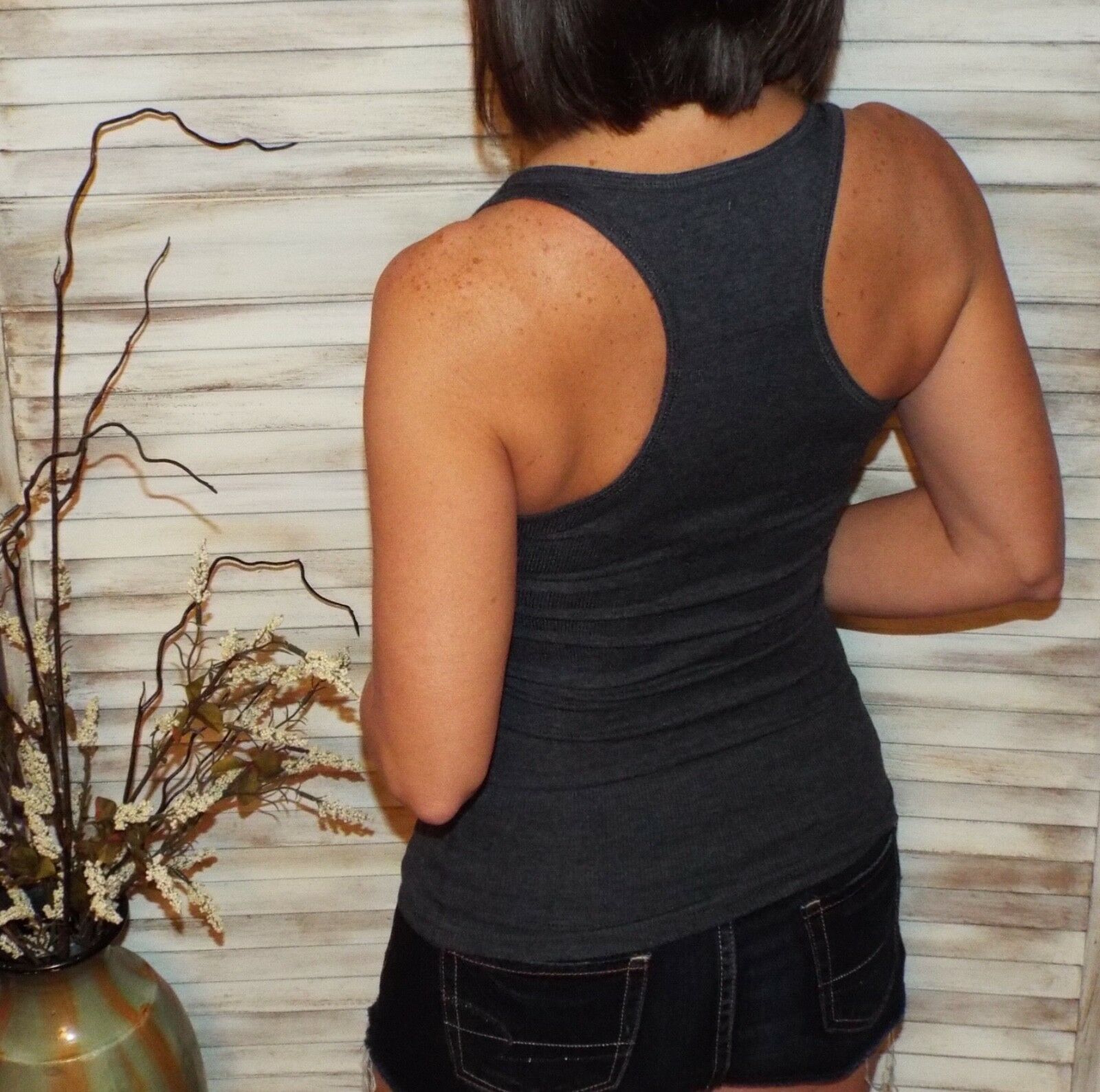 "Can't Touch This" Ribbed Racerback Low Scoop Boy Beater Cleavage Tank Top Gray 1X/2X/3X