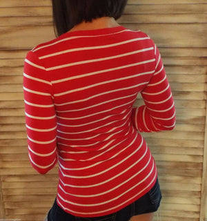 "Follow Me" Nautical Striped Preppy Stretch V-Neck Low Cut L/S Shirt Red White S/M/L