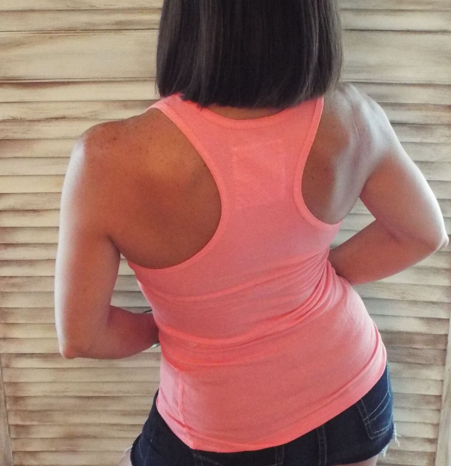 "Can't Touch This" Ribbed Racerback Low Scoop Boy Beater Cleavage Summer Tank Top Coral PLUS