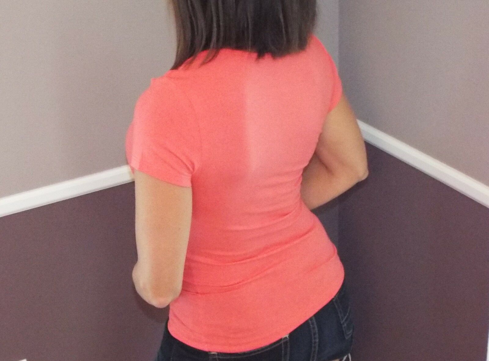 Sexy Low Cleavage Scoop Neck Criss Cross Cutout Strappy Shoulder Coral S/M/L