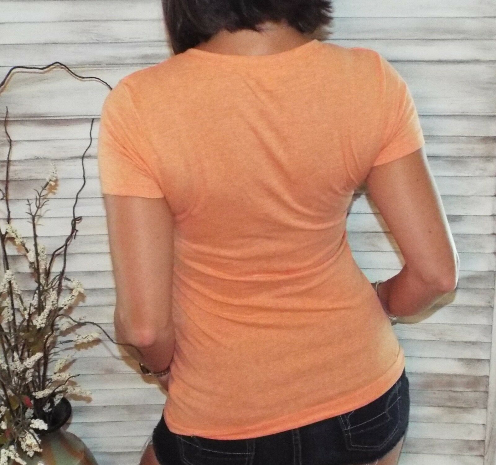 Low Cut V-Neck Melange Baby Slimming Short Sleeve Basic Tee Shirt Orange
