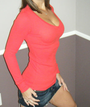 Deep V-Neck Cleavage Thermal Waffle Slimming Shirt Top Red S/M/L/XL