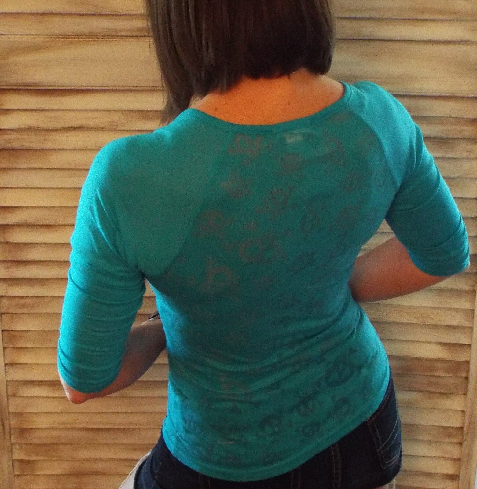 Sexy Low Scoop Burnout Grunge Skull Raglan Jersey Henley Top Shirt Green S/M/L