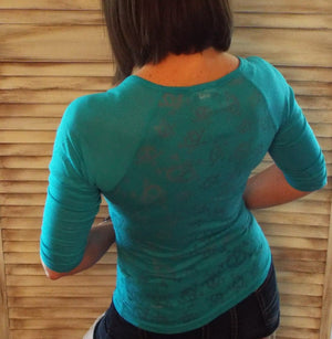 Sexy Low Scoop Burnout Grunge Skull Raglan Jersey Henley Top Shirt Green S/M/L