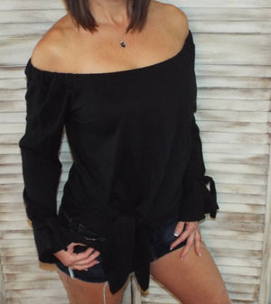 Very Sexy Off Shoulder Tie Front French Terry Blouse Shirt Top Black S/M/L