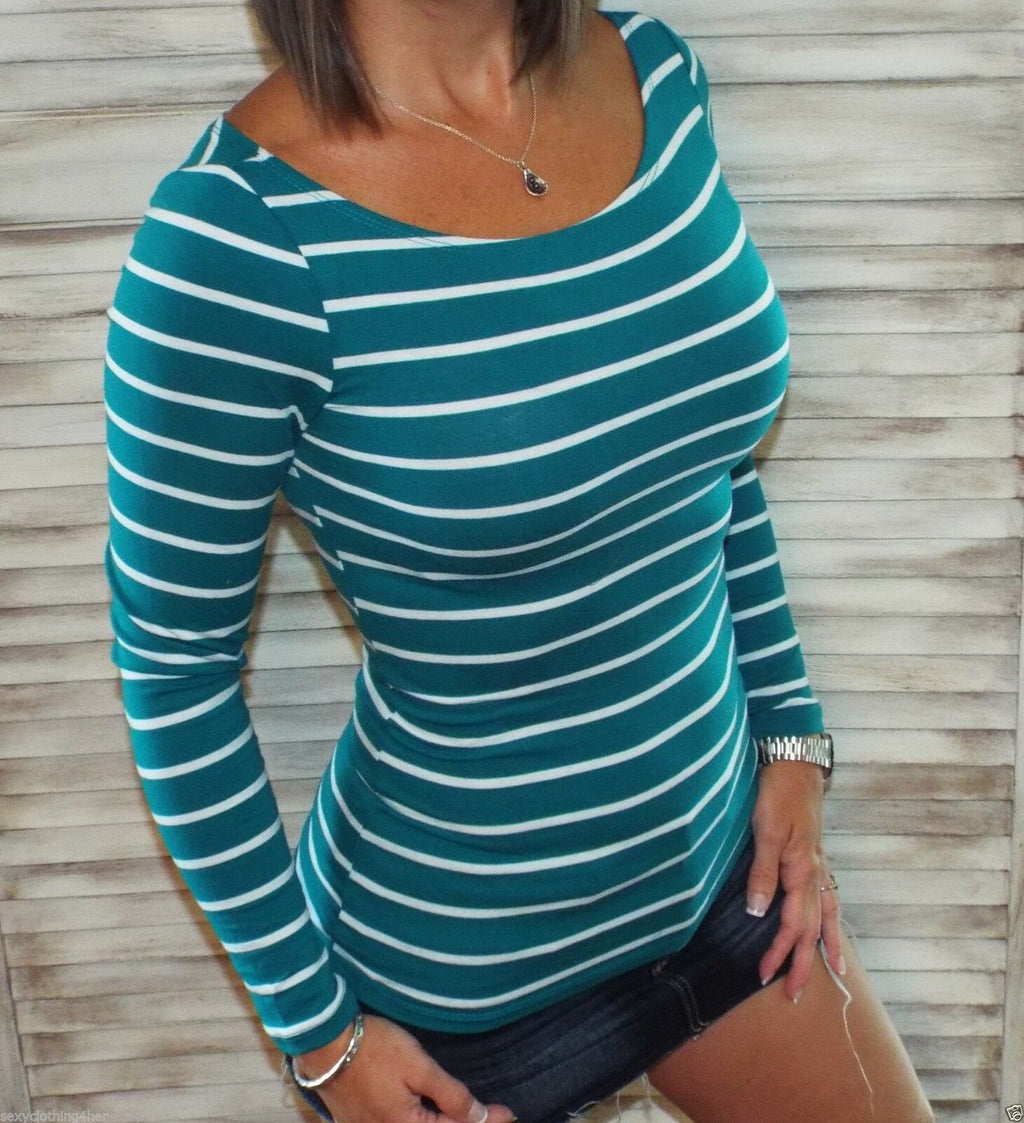 Boat Neck Top Womens Green Emerald Preppy Striped Rugby Shoulder Stretch Shirt