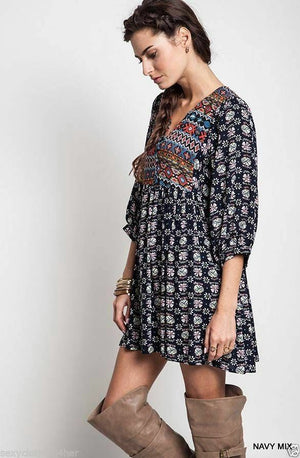 Umgee USA Navajo Tribal Babydoll Chic Boho Tunic Mini Dress Navy