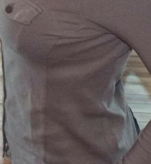 Collar V-Neck Pockets Button Up Slim Preppy Stretch Mocha Brown S/M/L