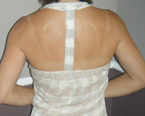 Striped Low Cut Scoop Neck T Back Tissue Thin Crochet Tank Top Tan S/M/L