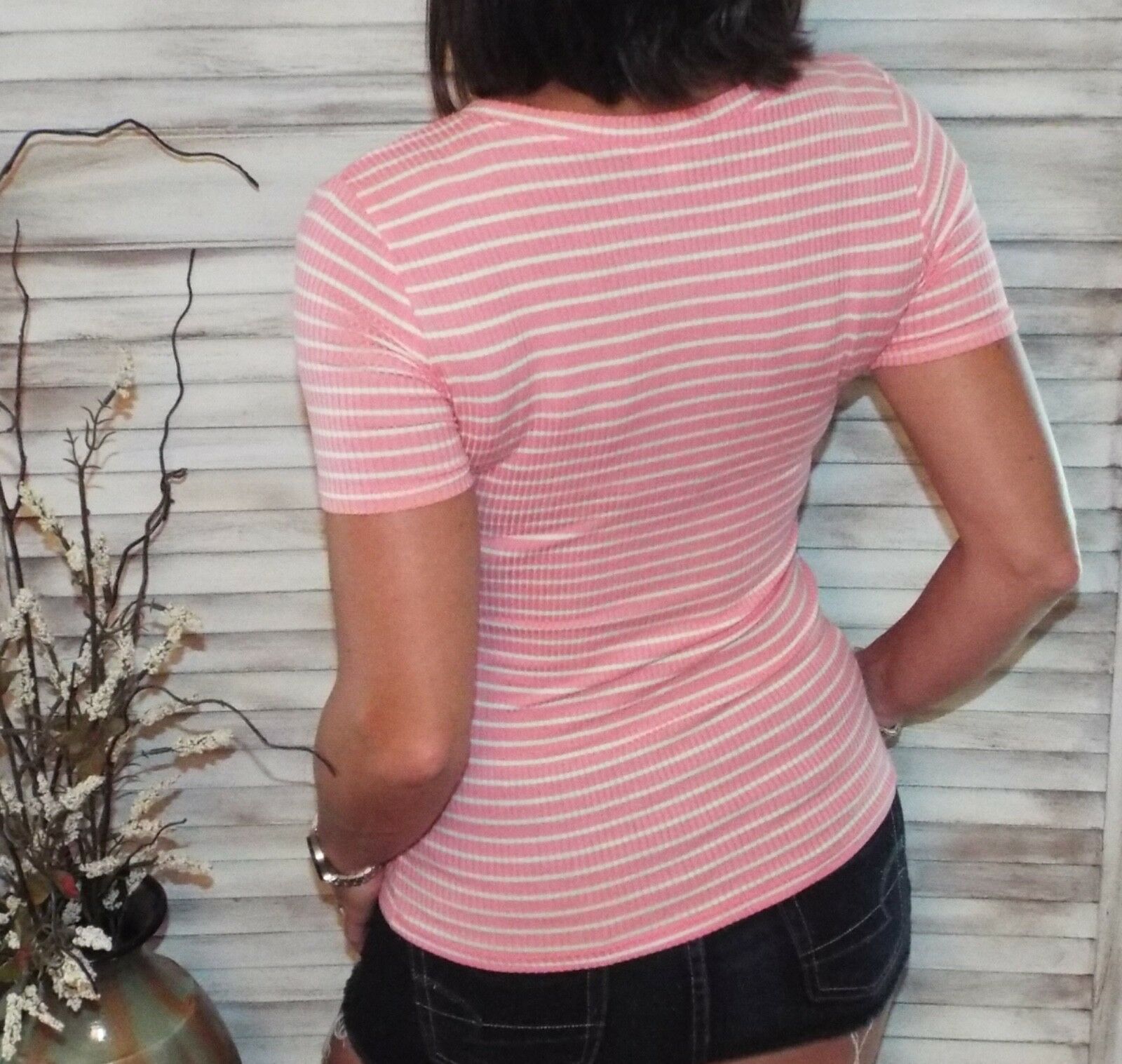 Very Sexy Scoop Preppy Striped Rugby Stretch Baby Tee Shirt Pink White S/M/L