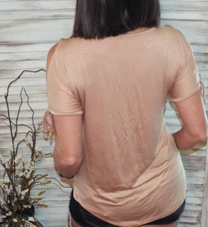 Very Sexy Cold Shoulder Cutout Dolman Drape Tie Sleeve Top Khaki S/M/L
