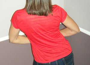 Sexy Scoop Neck Striped Burnout Semi Sheer Rolled Short Sleeve Shirt Red S/M/L