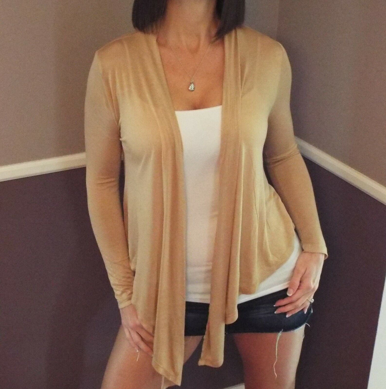 Very Sexy Open Front Drape V-Neck Cleavage Asymmetrical Tissue Top Tan S/M/L