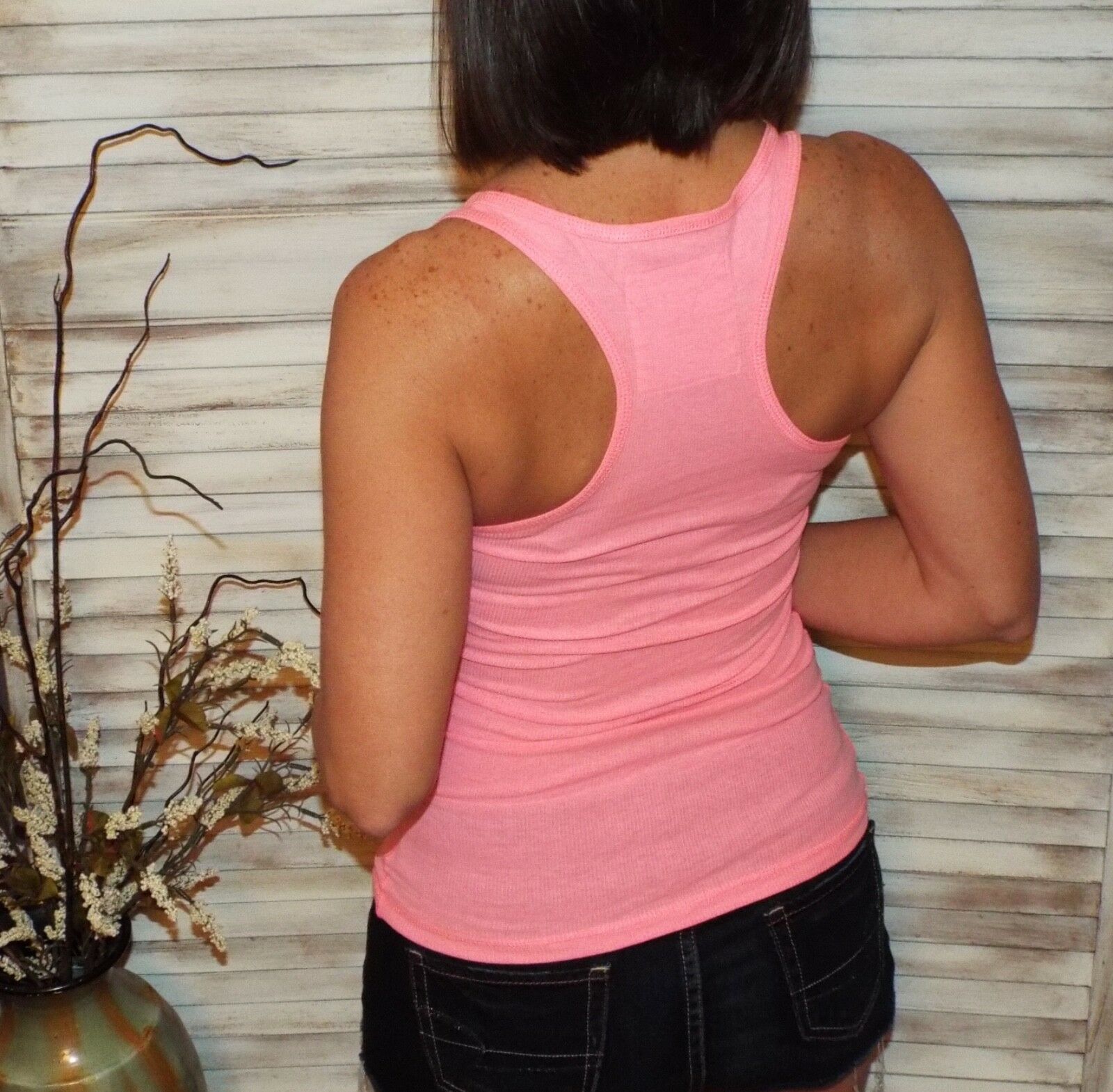 “Can’t Touch This” Ribbed Low Scoop Boy Beater Cleavage Fitted Tank Top Neon Pink S/M/L/XL
