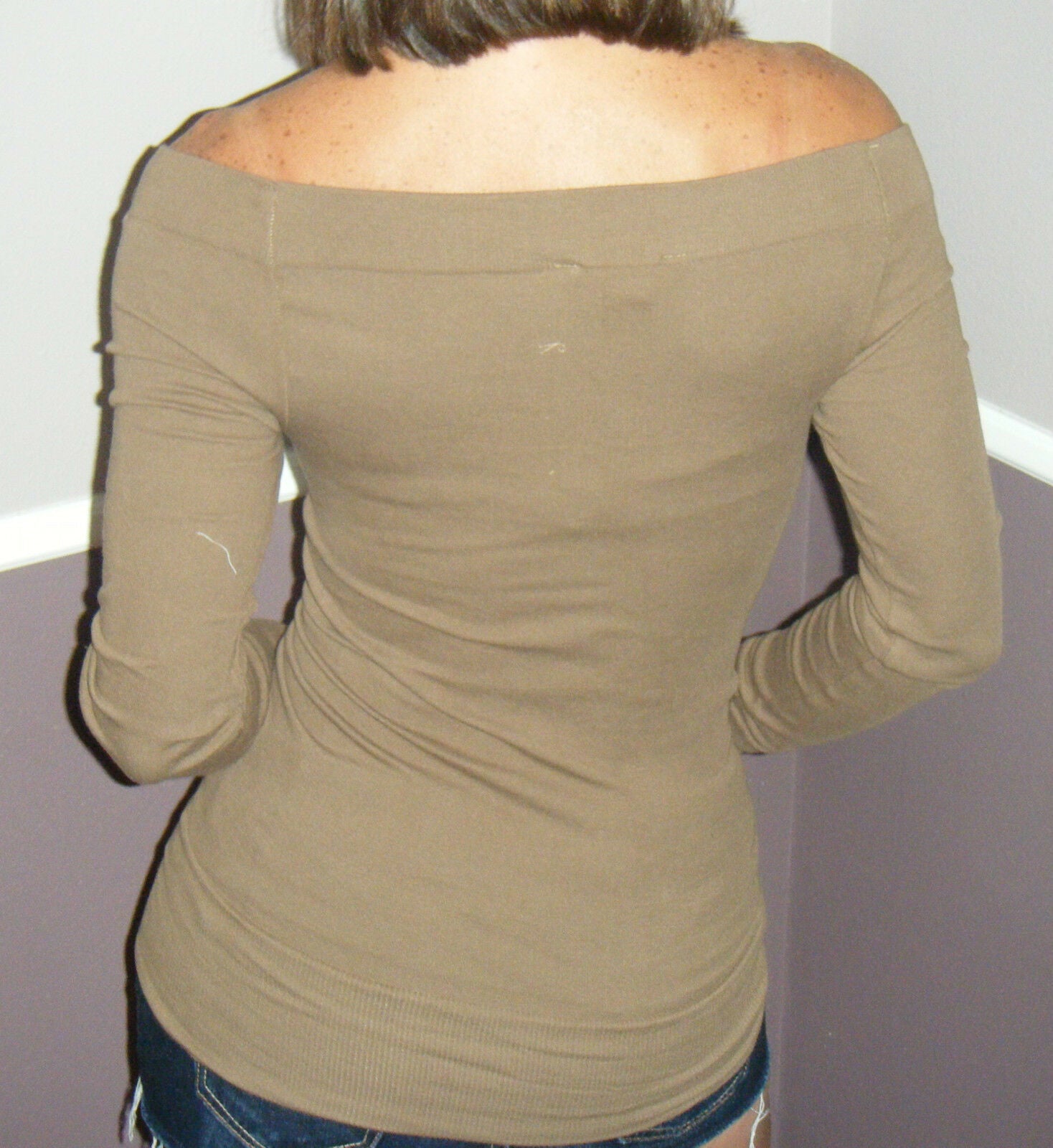 Very Sexy Low Cut Cleavage Off Shoulder Sweater Blouse Shirt Top Mocha
