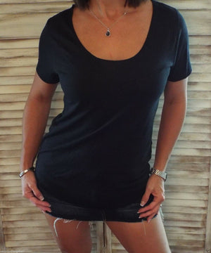 Very Sexy Loose Floaty Scoop Neck Boyfriend Raw Edge Tee Shirt Black S/M/L
