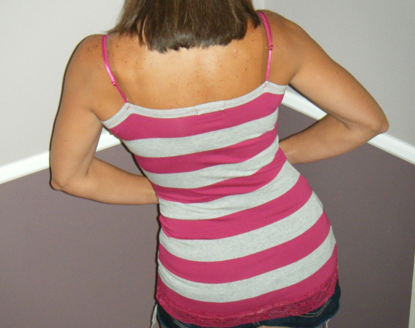 Sexy Striped Low Cut Cleavage Lace Summer Tank Cami Top Tunic Dark Pink XL/2X/3X