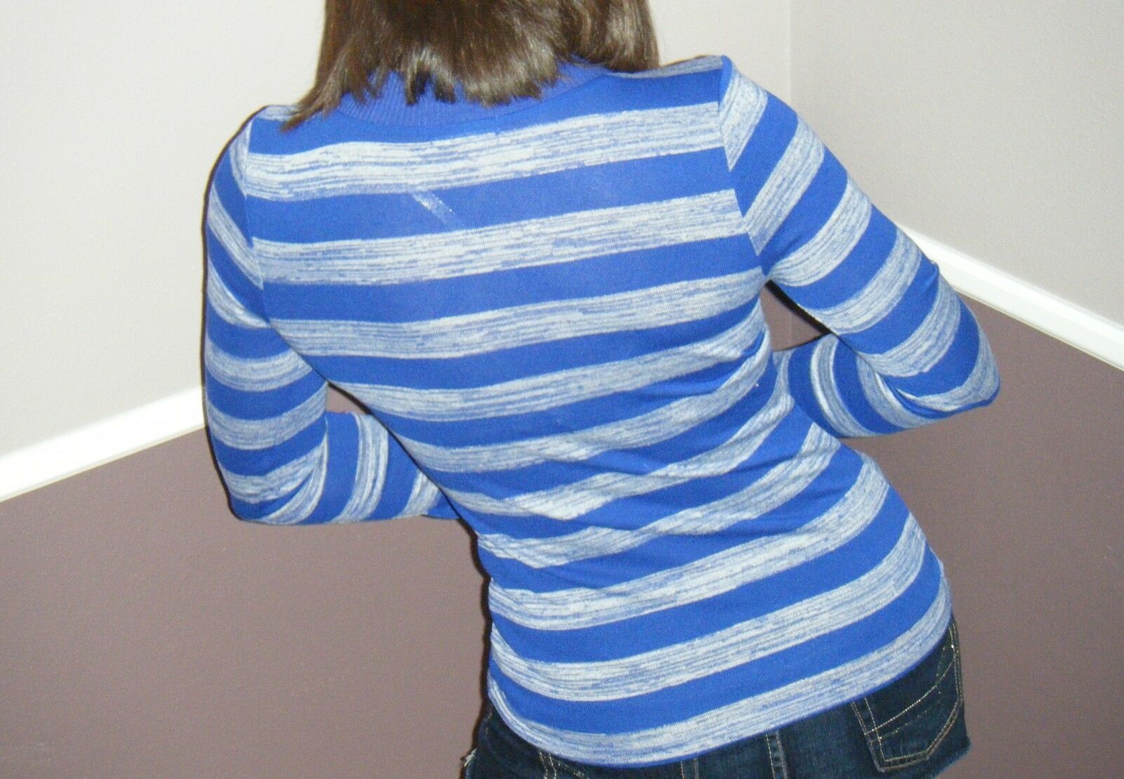 Sexy Nautical Stripe Tissue Sweater Stretch V-Neck Low Cut L/S Shirt Blue S/M/L