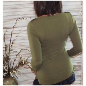 Very Sexy Deep VNeck Plunge Cleavage Military Henley Pocket Top Army Green S/M/L