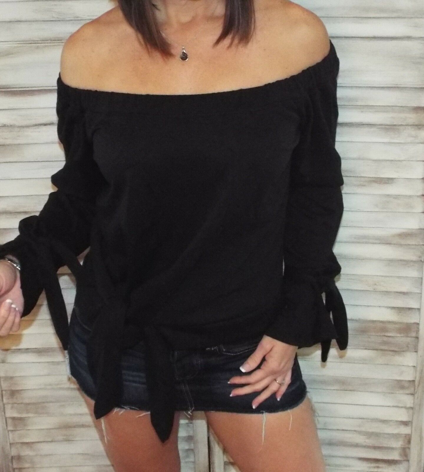 Very Sexy Off Shoulder Tie Front French Terry Blouse Shirt Top Black S/M/L