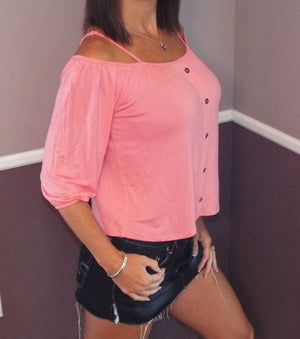 Very Sexy Scoop Neck Cold Shoulder Cutout Button Floaty Top Coral Pink S/M/L