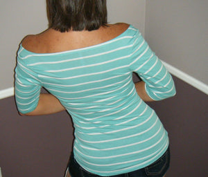 Very Sexy Boat Neck Preppy Striped Rugby Open Shoulder 3/4 Shirt Top Mint S/M/L