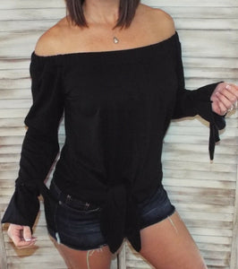 Very Sexy Off Shoulder Tie Front French Terry Blouse Shirt Top Black S/M/L