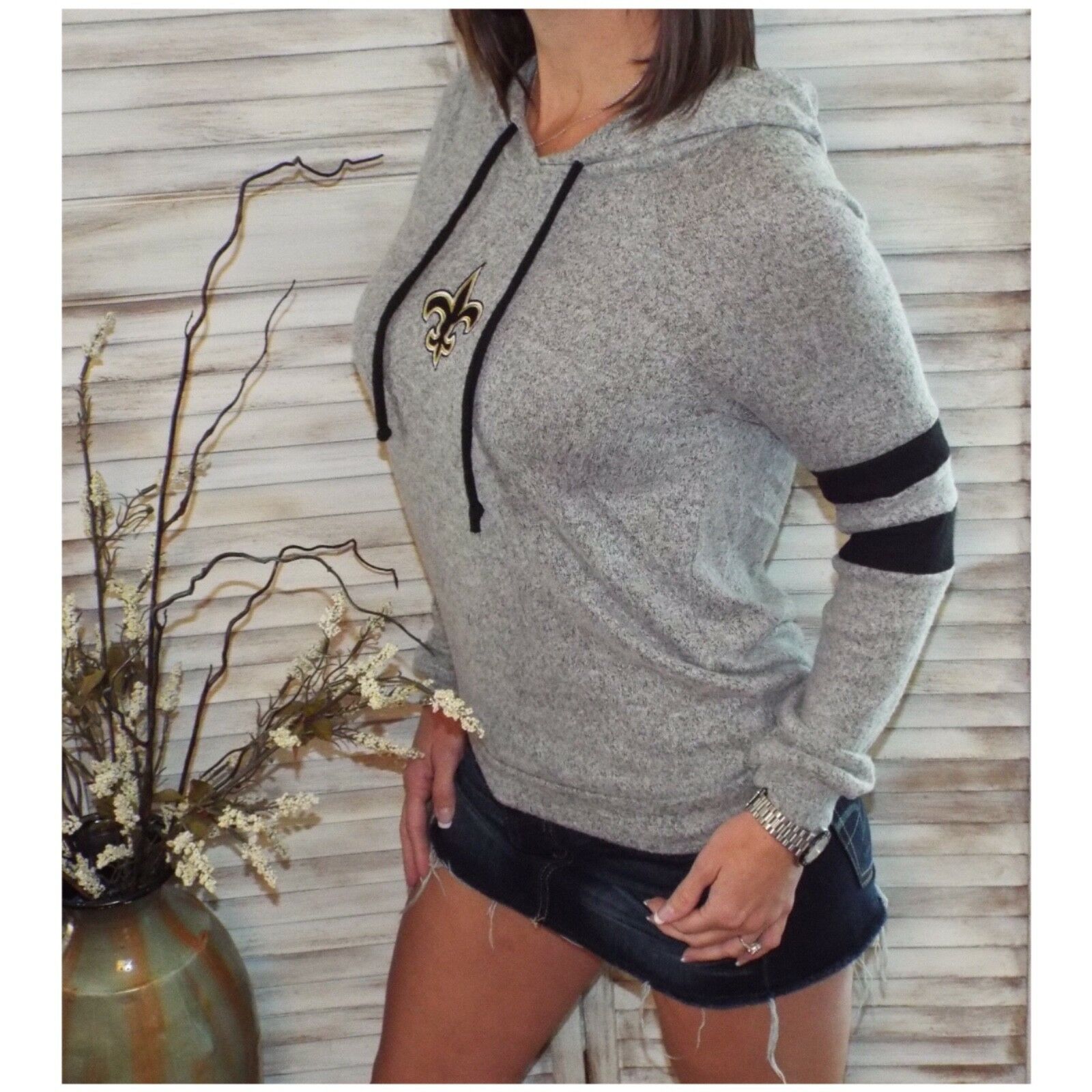 New Orleans Saints Fleur de Lis Contrast Sweater Knit Hoodie L/S Gray S/M/L
