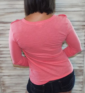 V-Neck Plunge Preppy Burnout Cleavage Military Henley Pocket Coral S/M/L