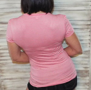 V-Neck Preppy Striped Rugby Stretch Baby Tee Shirt Pink White S/M/L