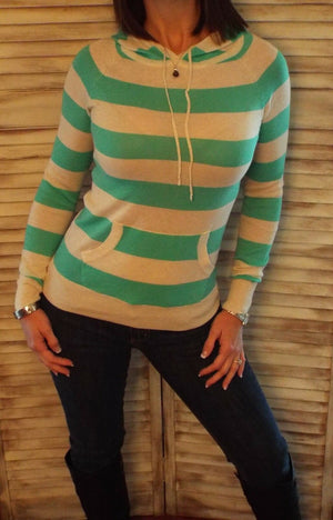 Very Sexy Striped Hoodie Light Sweater Kangaroo Pocket Long Sleeve Mint S/M/L
