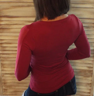 Sexy Mesh Sleeve Slimming V-Neck Low Cut L/S Tissue Shirt Top Burgundy S/M/L