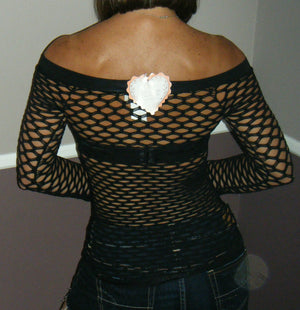 Very Sexy Shredded Laser Cut Fishnet Off Shoulder Long Sleeve Dance Top Black OS